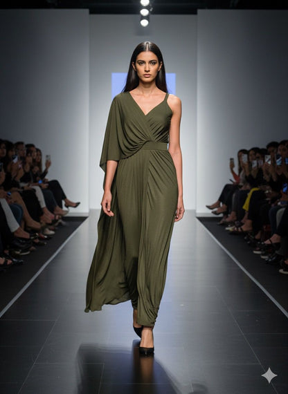 Olive Green Draped Goddess Gown