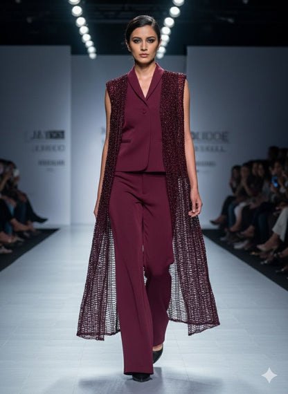 mehroon Embellished Cape Pant Coord Set With Shrug