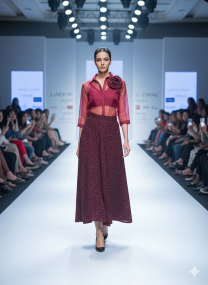 Crimson Sheer Organza Shirt & Sequin Midi Skirt Set