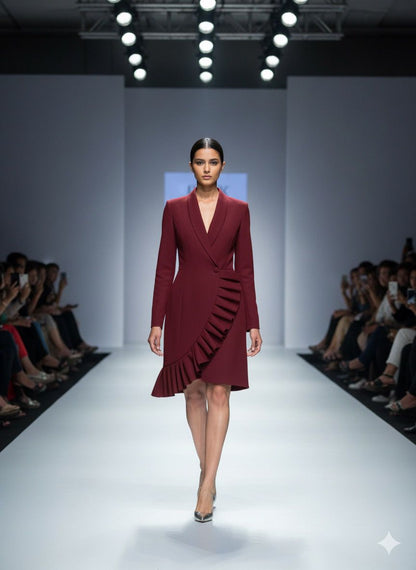 mehroon Ruffle Wrap Mini Dress