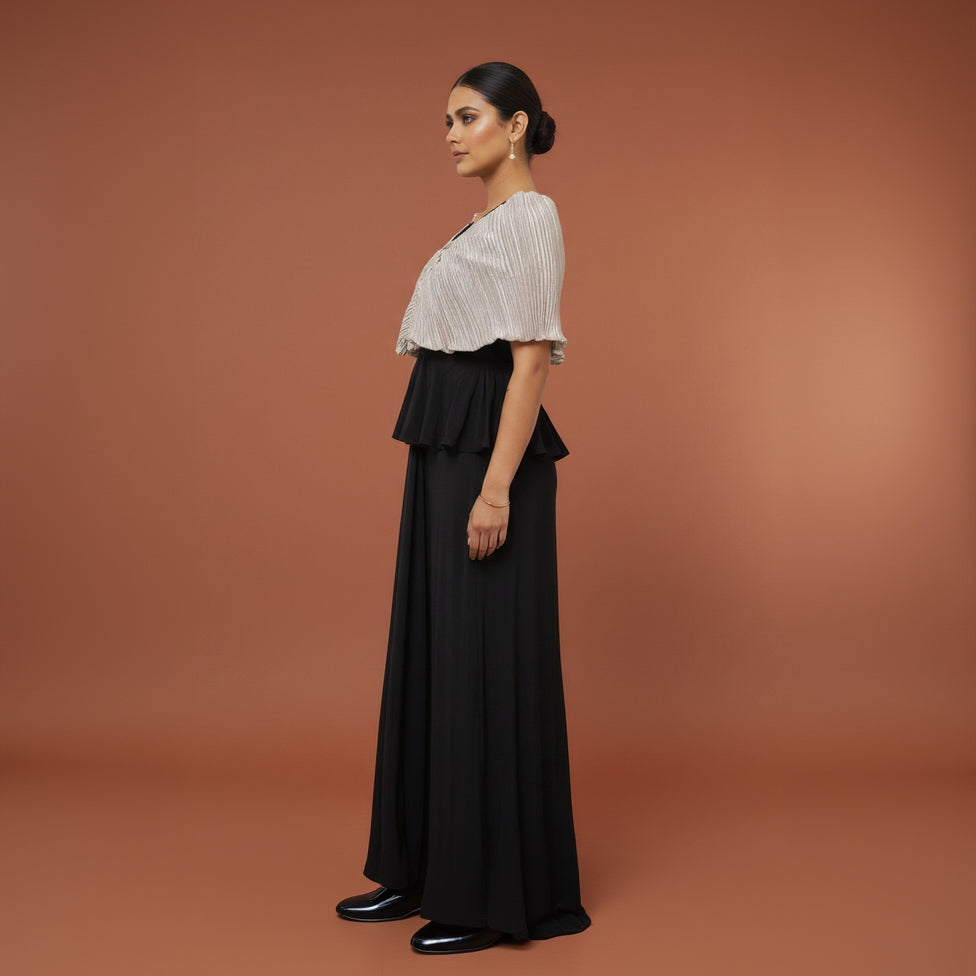 Black Draped Maxi Dress with Silver Pleated Ruffle