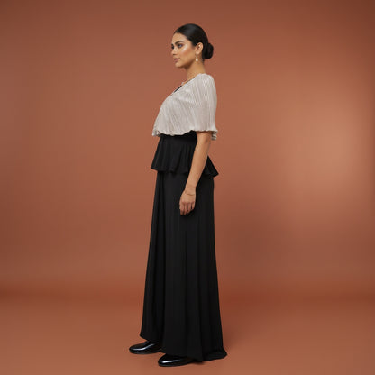 Black Draped Maxi Dress with Silver Pleated Ruffle