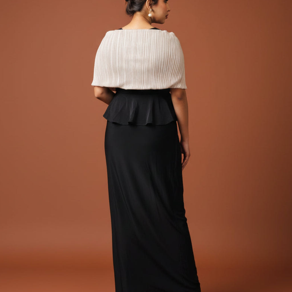 Black Draped Maxi Dress with Silver Pleated Ruffle
