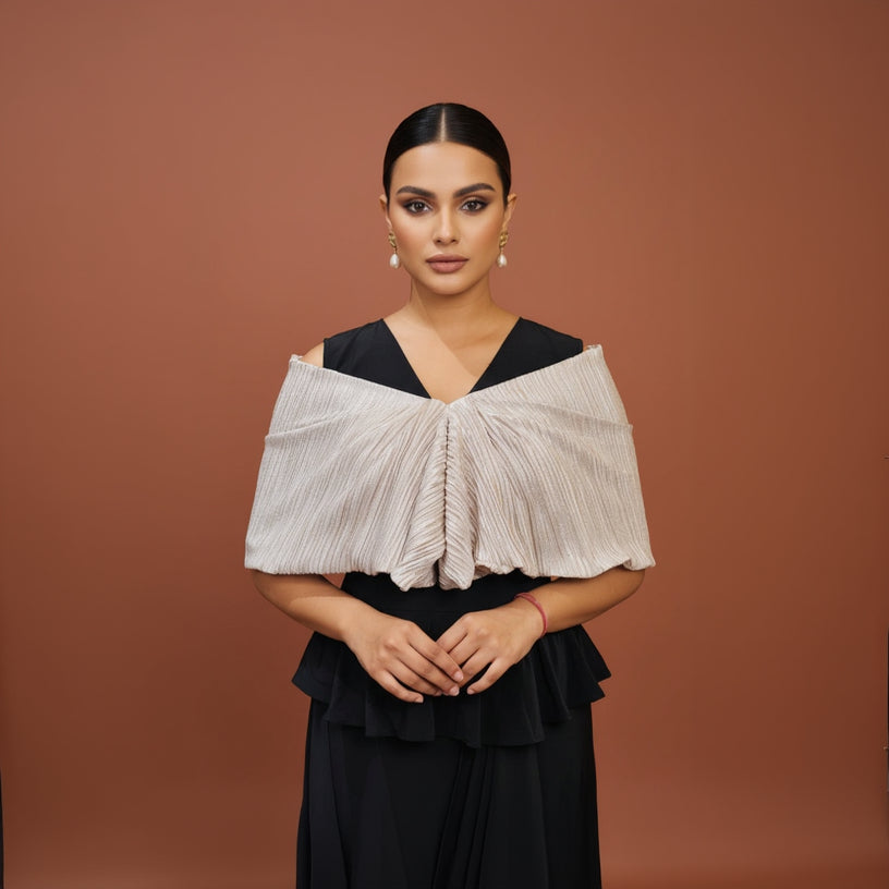 Black Draped Maxi Dress with Silver Pleated Ruffle