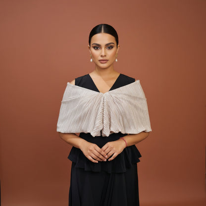 Black Draped Maxi Dress with Silver Pleated Ruffle