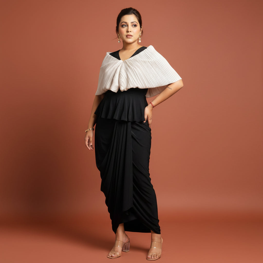 Black Draped Maxi Dress with Silver Pleated Ruffle