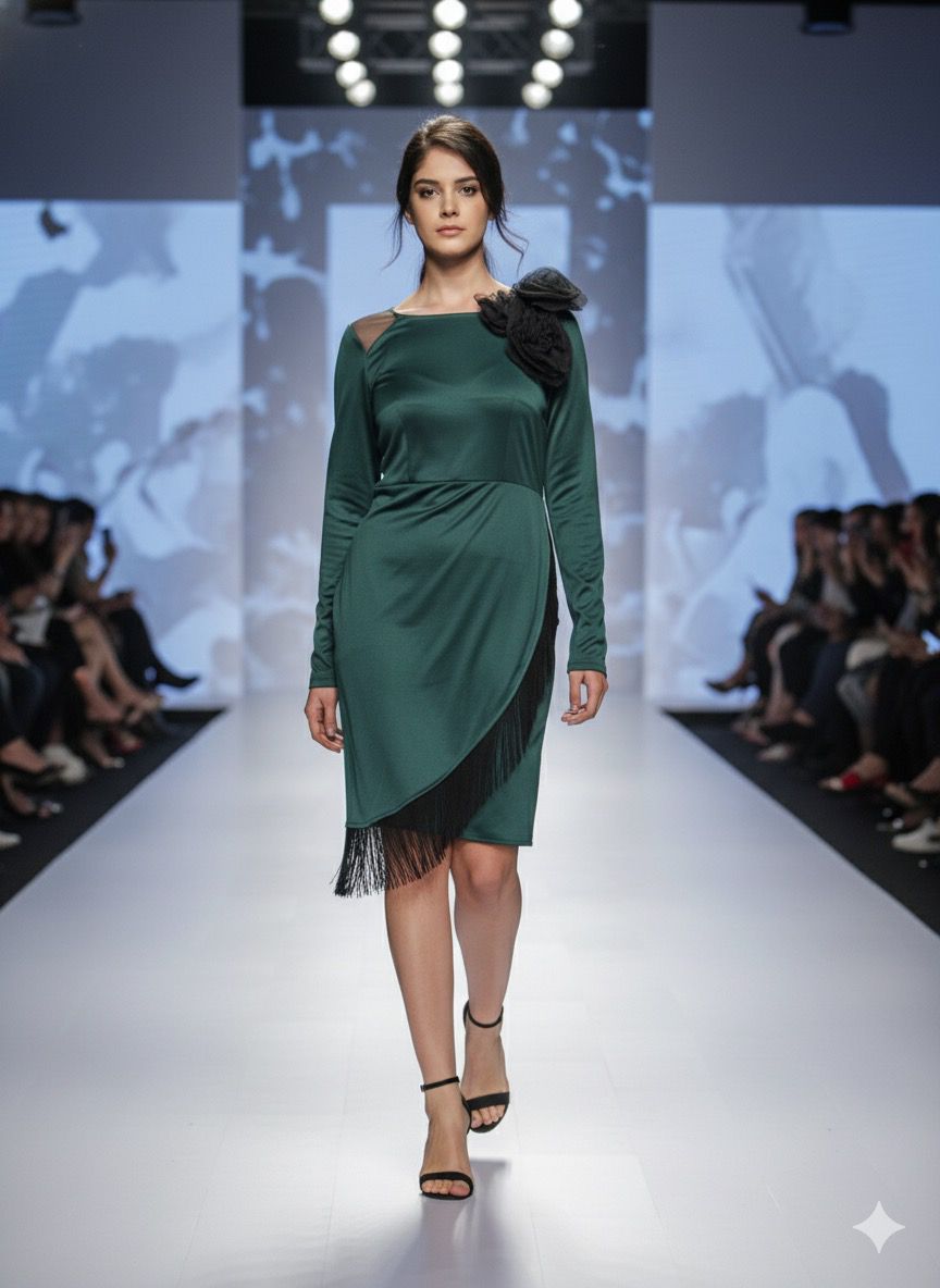 Bottle Green Fringe Flower Dress