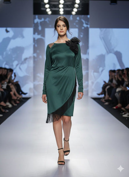 Bottle Green Fringe Flower Dress