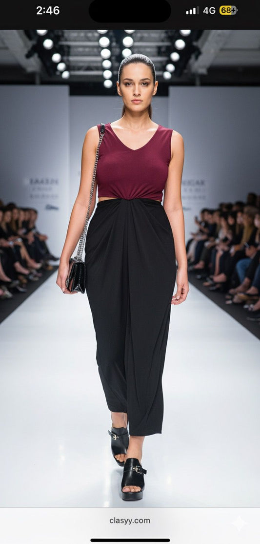 Dual Pleated Dress Maroon Black