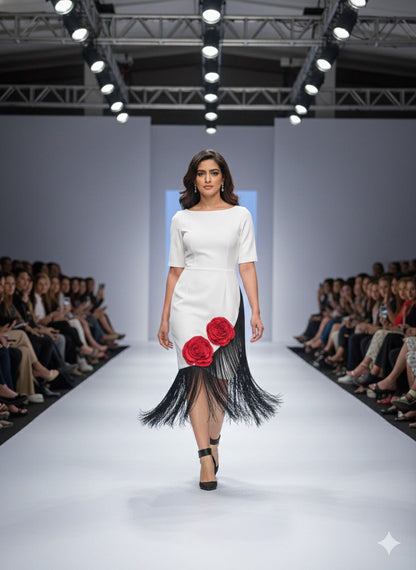 White Fringe Rose Dress