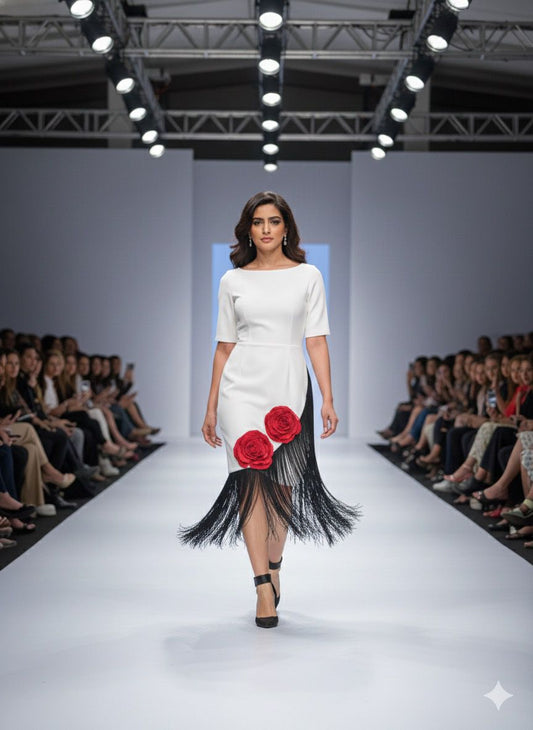 White Fringe Rose Dress