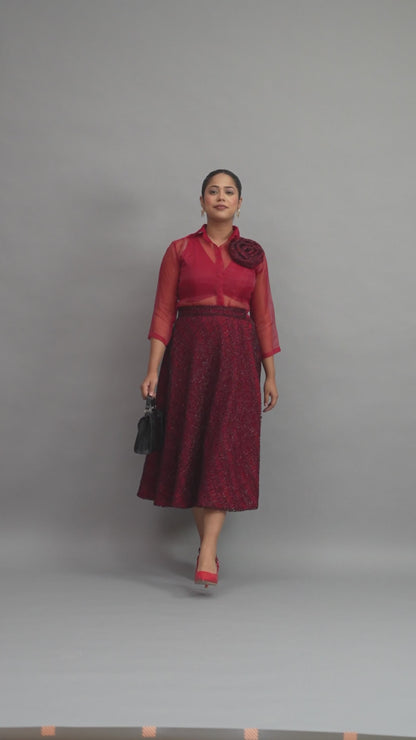 Crimson Sheer Organza Shirt & Sequin Midi Skirt Set