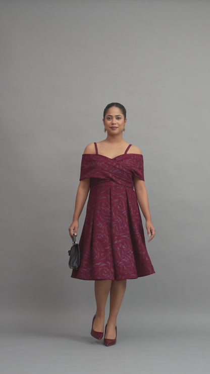 Burgundy Brocade Cross-Over Off-Shoulder Dress