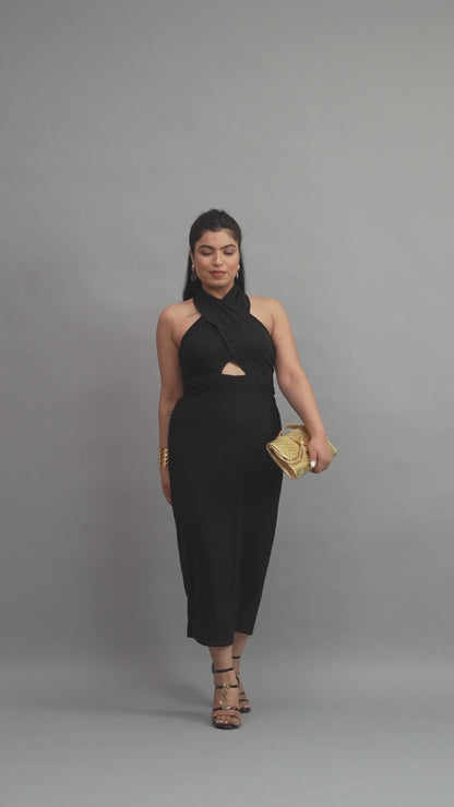 Midnight Shimmer Halter Cut-Out Midi Dress