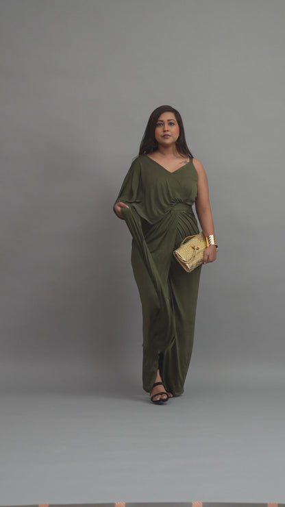 Olive Green Draped Goddess Gown