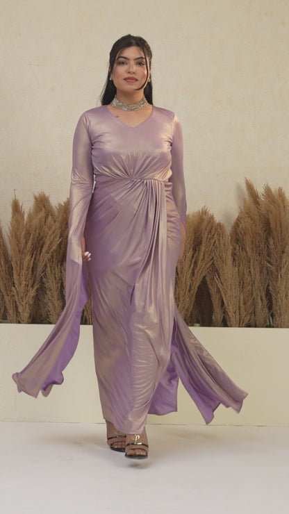 Lavender Metallic Draped Gown with Cape Sleeves