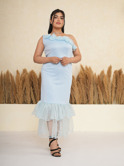 Powder Blue One-Shoulder Ruffle Mermaid Midi Dress