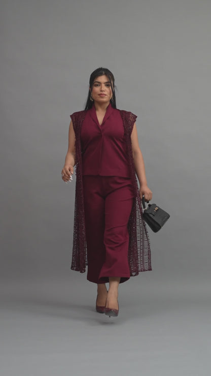 mehroon Embellished Cape Pant Coord Set With Shrug