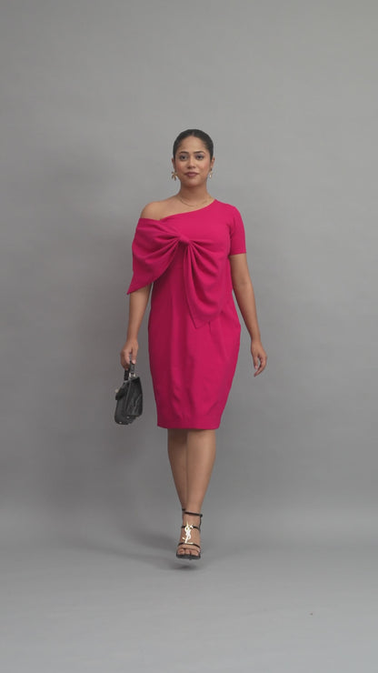 Fuchsia Pink Drape Bow Sheath Dress
