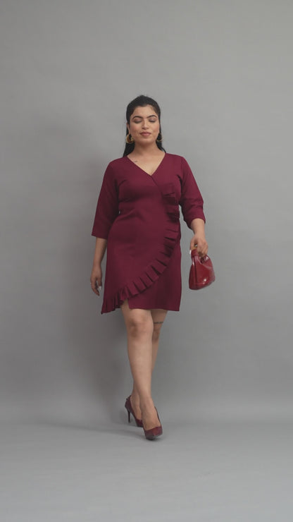 mehroon Ruffle Wrap Mini Dress