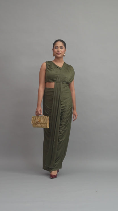 Olive Green Draped Maxi Dress with Waist Cut-Out