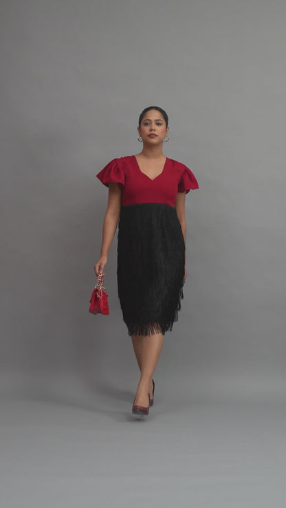 Crimson V-Neck Ruffle-Sleeve Fringe Midi Dress