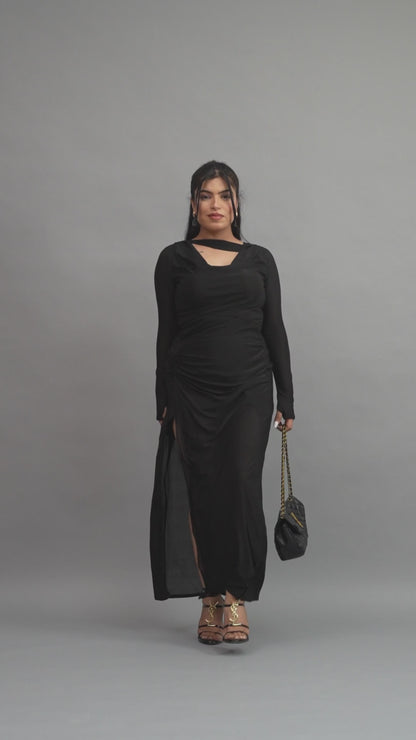 Midnight Black Long Sleeve Cowl Neck Gown